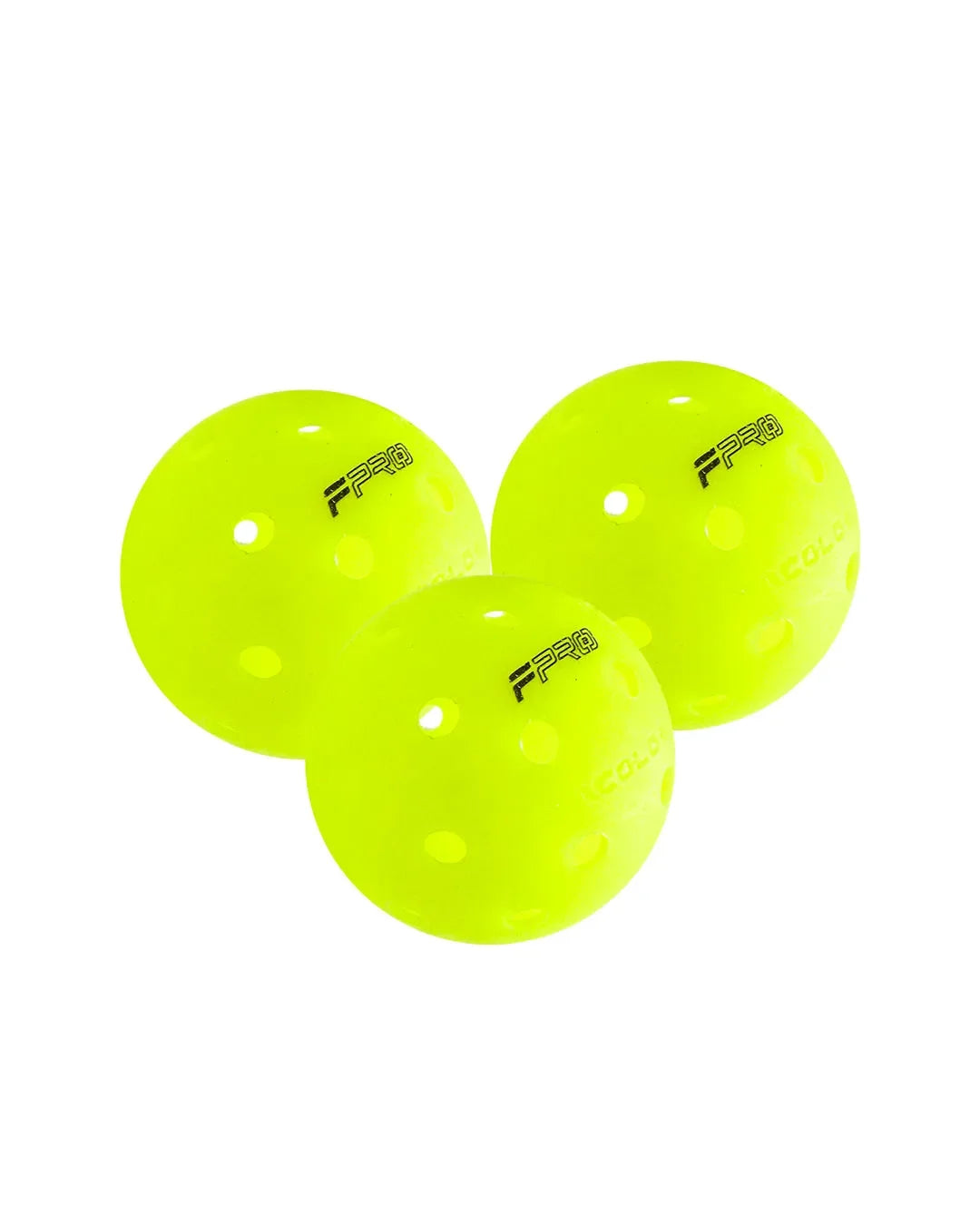 Three neon yellow Facolos FP300 balls with holes, displayed on a white background, Facolos Australia.