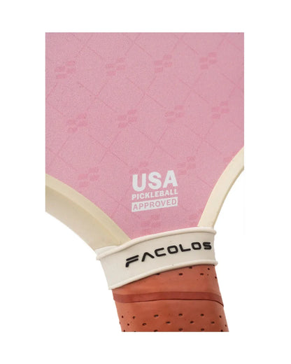 Facolos pink pickleball paddle close-up with USA Pickleball Approved mark and grip detail