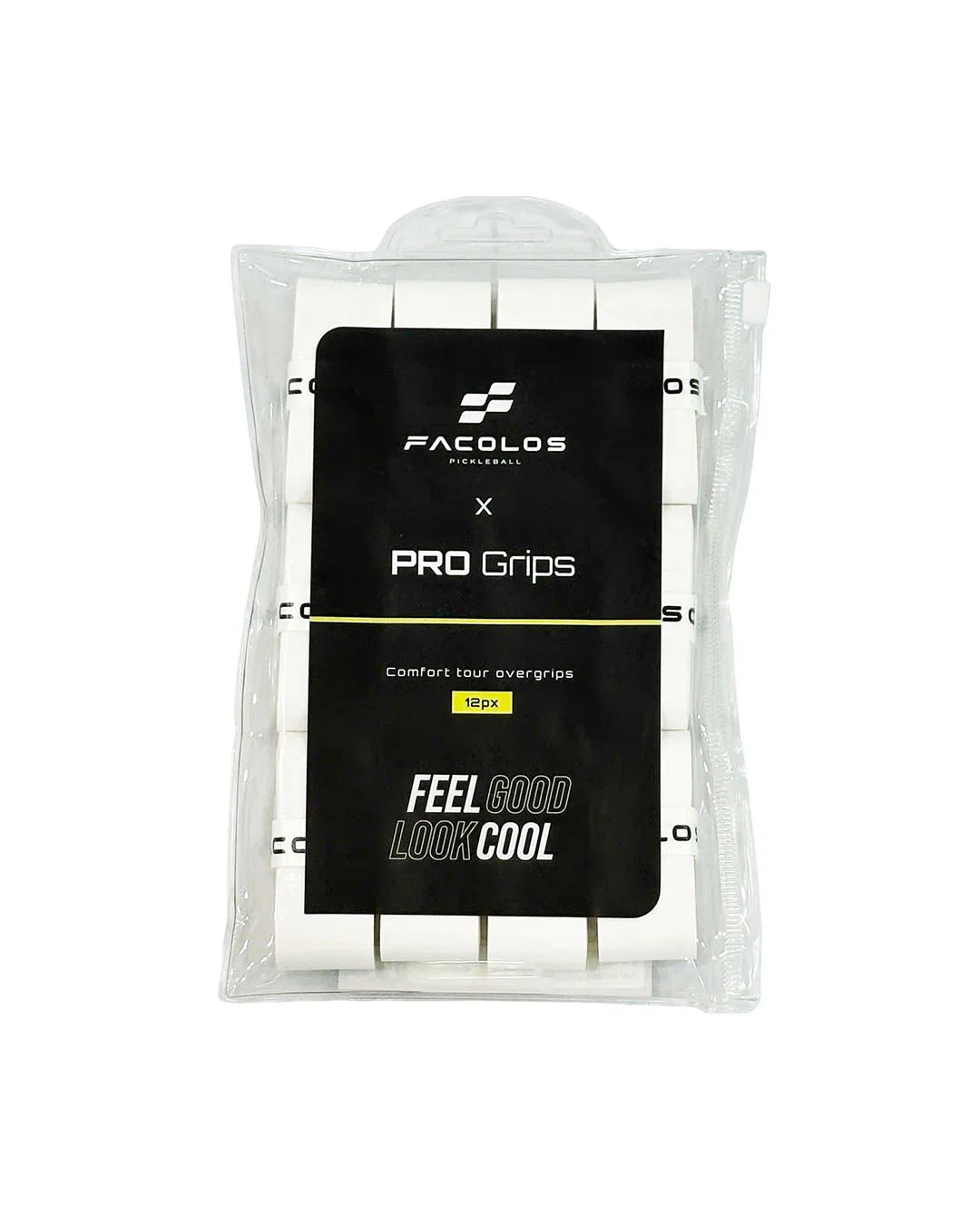Facolos Pro Grips 12-pack white comfort tour overgrips in retail packaging, Facolos Australia
