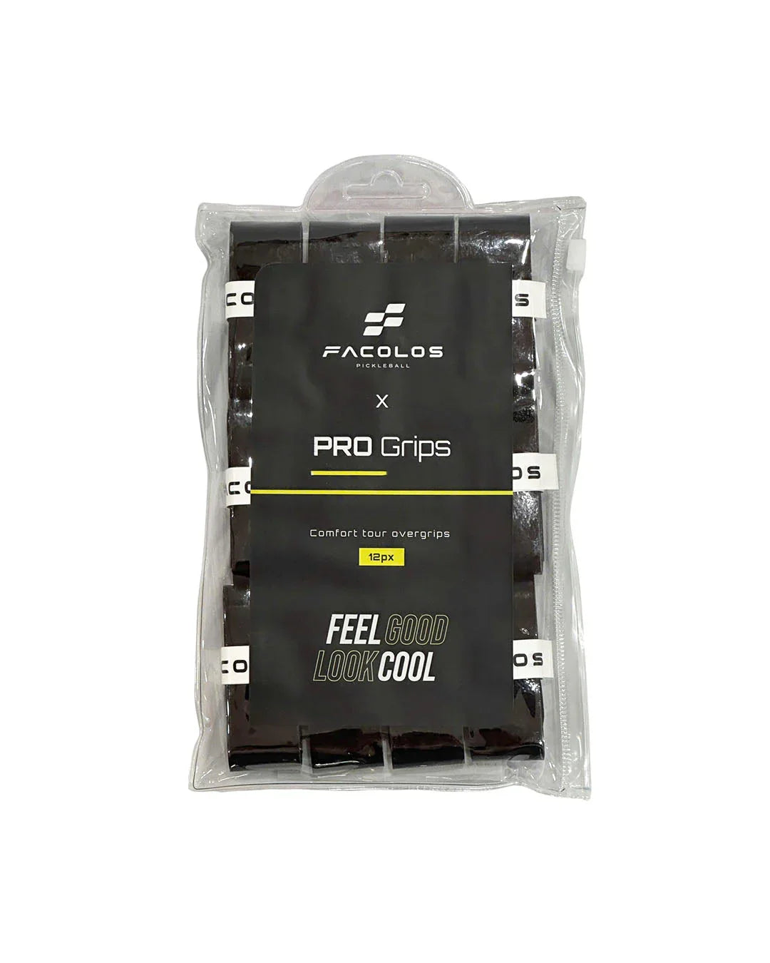 Facolos Pro Grips 12-pack black comfort tour overgrips in retail packaging, Australia