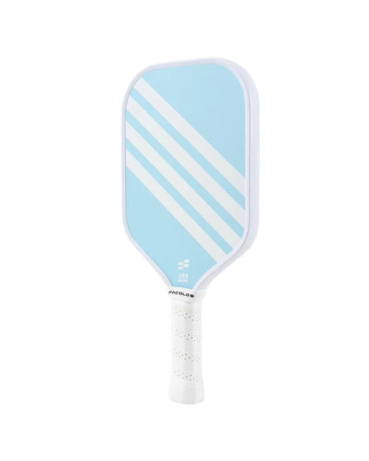 Facolos light blue pickleball paddle with white diagonal stripes and white grip sold in Australia