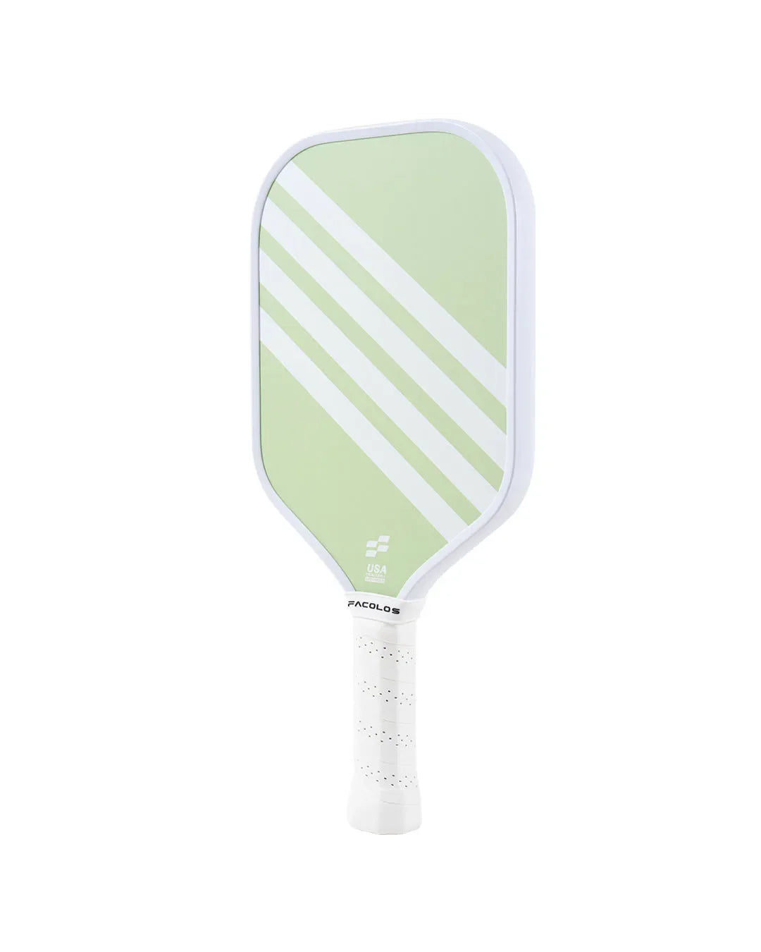 Facolos Australia light green pickleball paddle with white handle and diagonal stripes