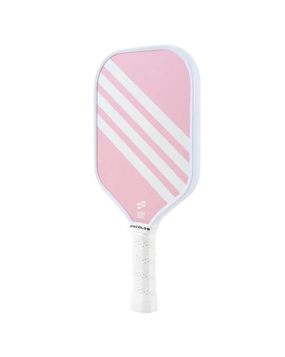 Facolos Australia pink pickleball paddle with white stripes and white grip handle