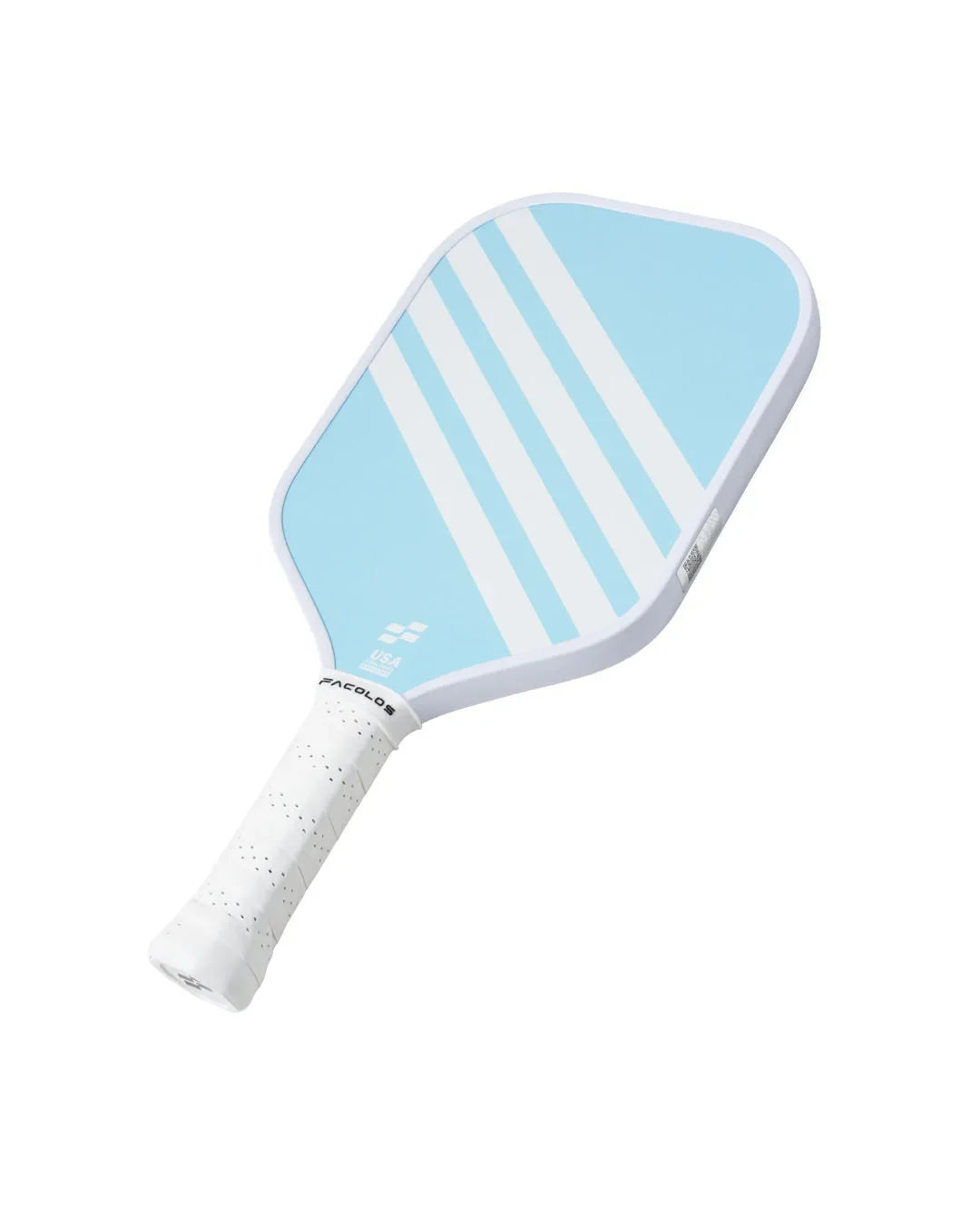 Facolos Australia blue and white pickleball paddle with white grip on white background
