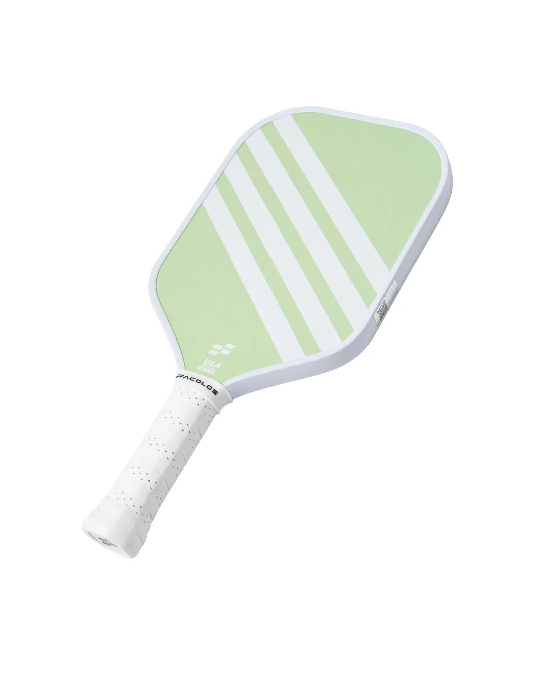 Facolos Australia pickleball paddle with light green face and white stripes, isolated on white