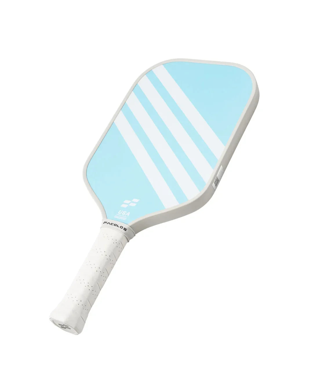 Facolos Australia light blue pickleball paddle with white stripes and white grip