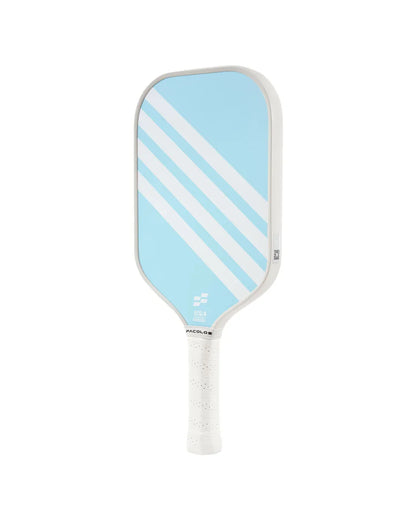 Facolos Australia light blue pickleball paddle with white diagonal stripes and white grip