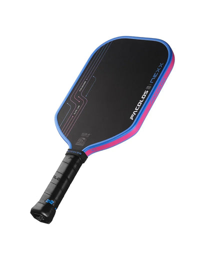Facolos Nexx pickleball paddle with black face, blue and pink edge, on white background