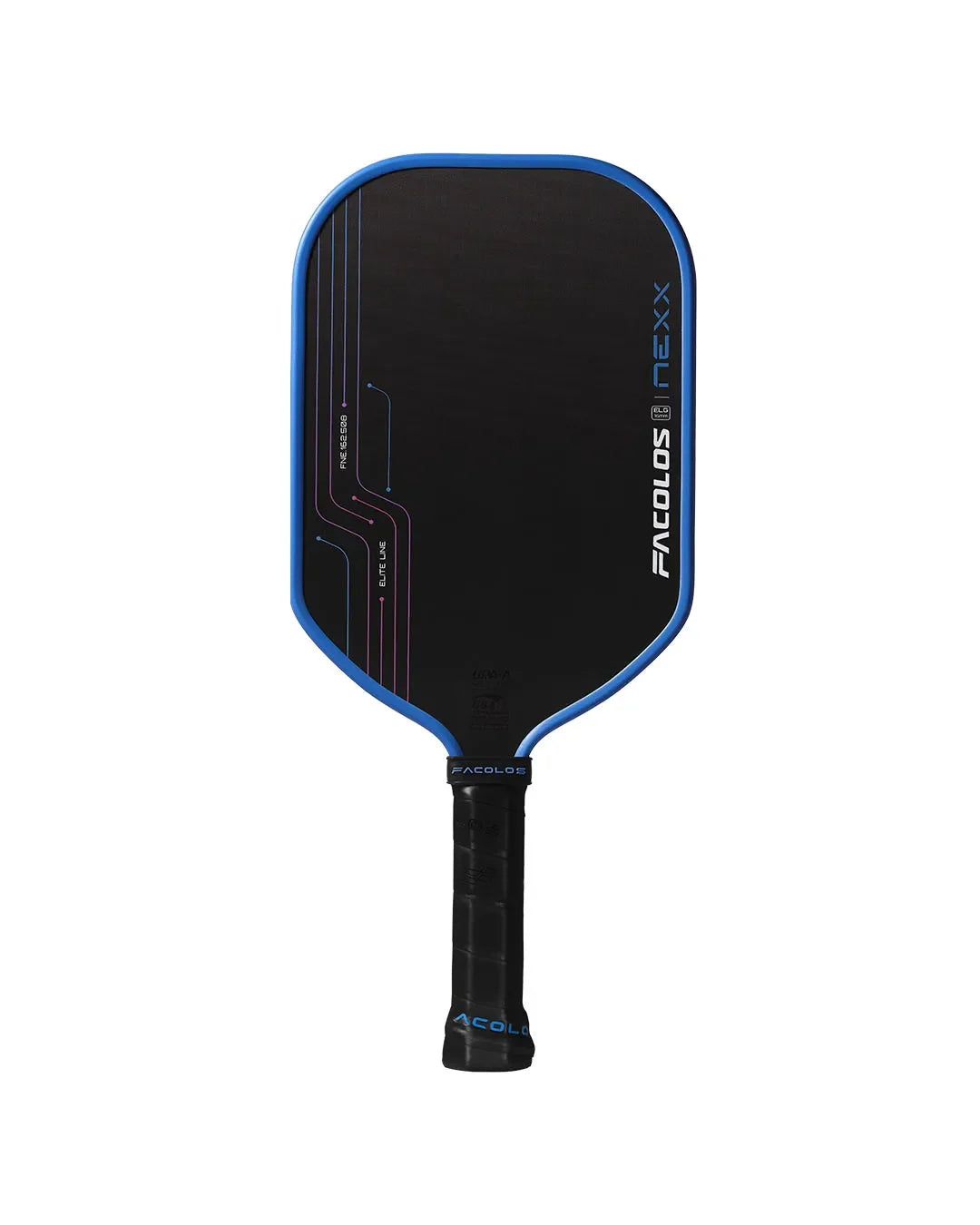 Facolos Nexx pickleball paddle with black face, blue trim, and Facolos branding