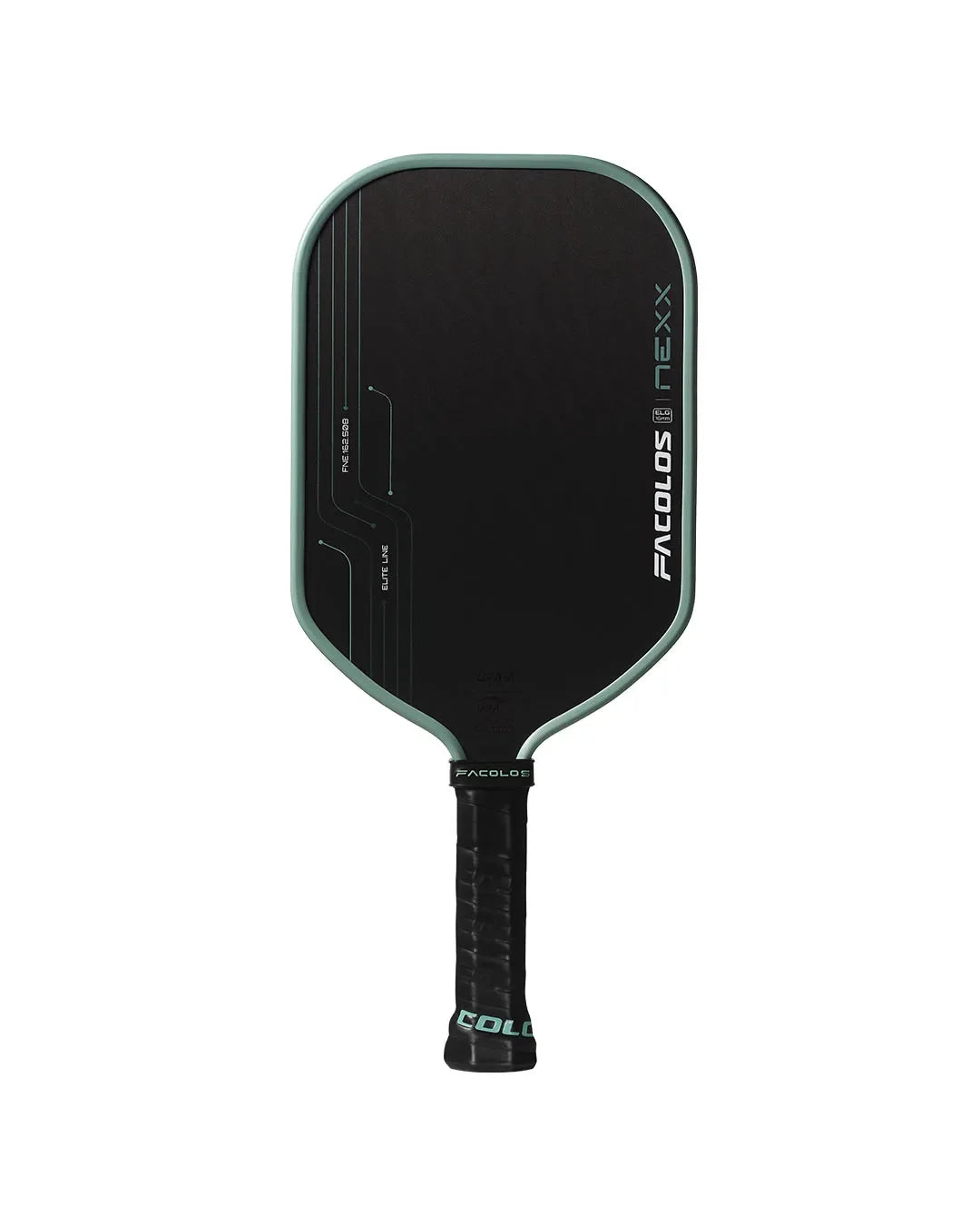 Facolos Australia black pickleball paddle with turquoise edge and logo on white background