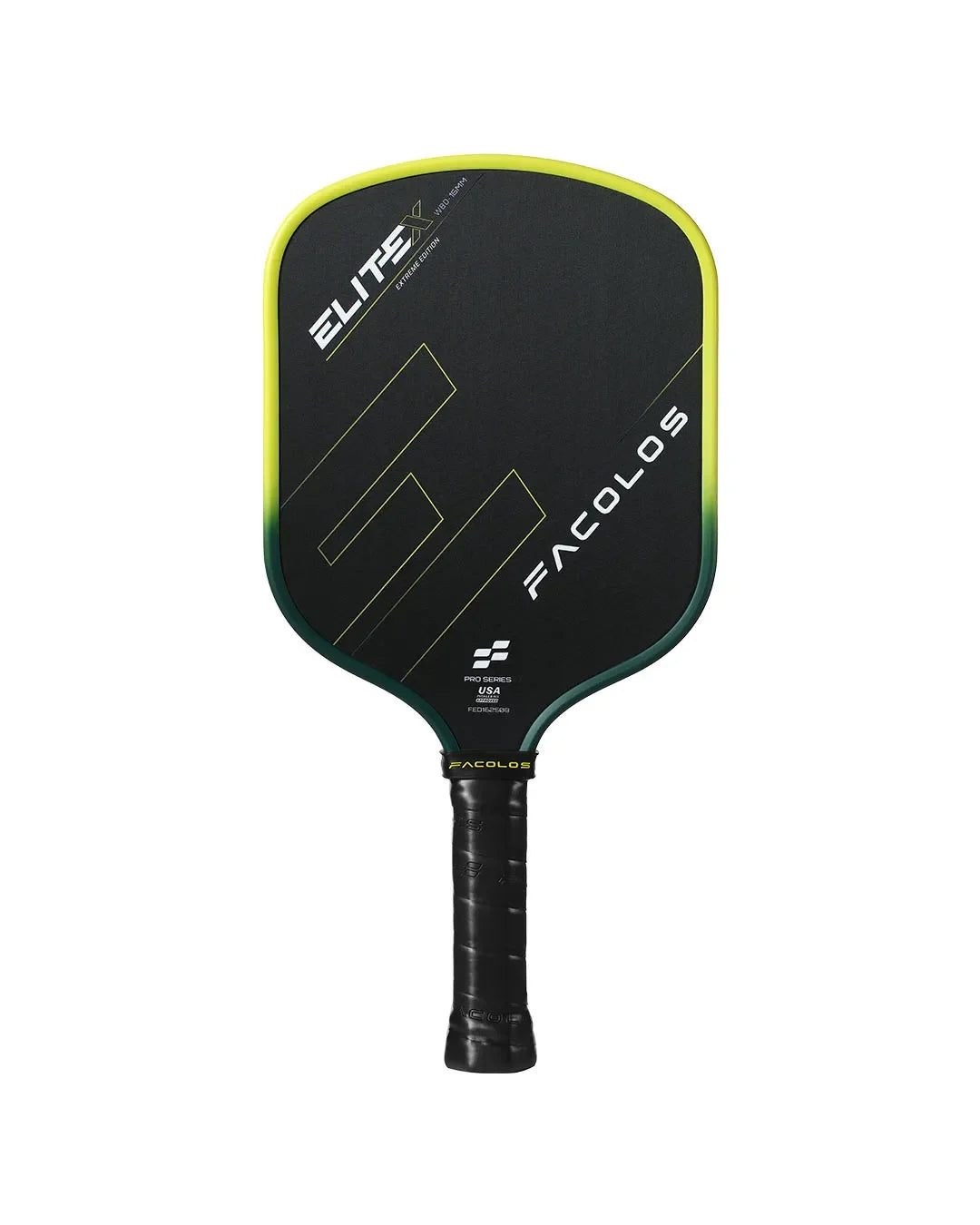 Facolos EliteX pickleball paddle, black with yellow-green edge, sold in Australia