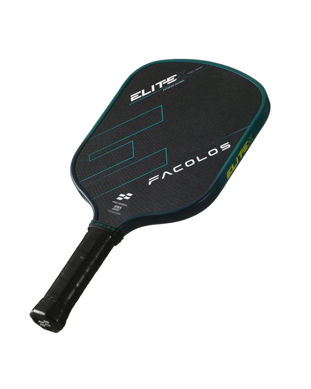 Facolos Elite pickleball paddle black with teal accents, shown on white background