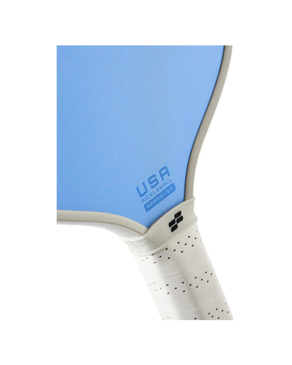 Close-up of blue Facolos pickleball paddle handle, USA Pickleball approved, Australia