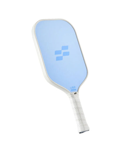 Facolos Australia blue pickleball paddle with white edge and handle on white background