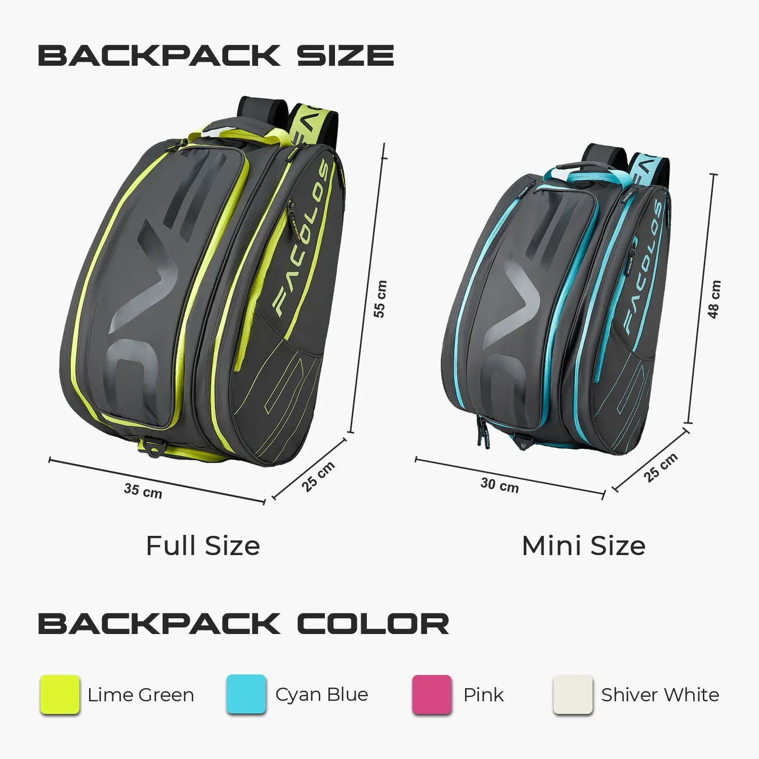 Facolos Australia backpacks in full and mini sizes with lime green and cyan blue accents, showing dimensions and color options.