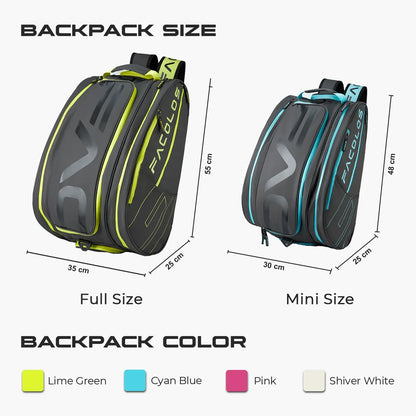 Facolos Australia backpacks in full and mini sizes with lime green and cyan blue accents, showing dimensions and color options.