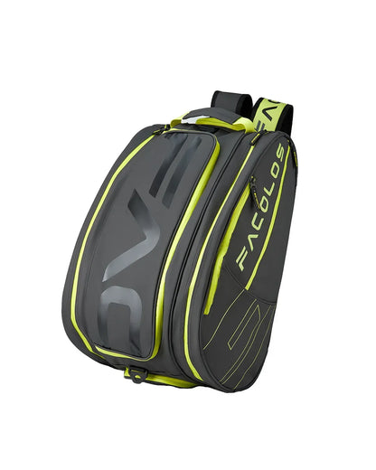 Facolos Australia black and yellow sports backpack with bold branding, isolated on white.