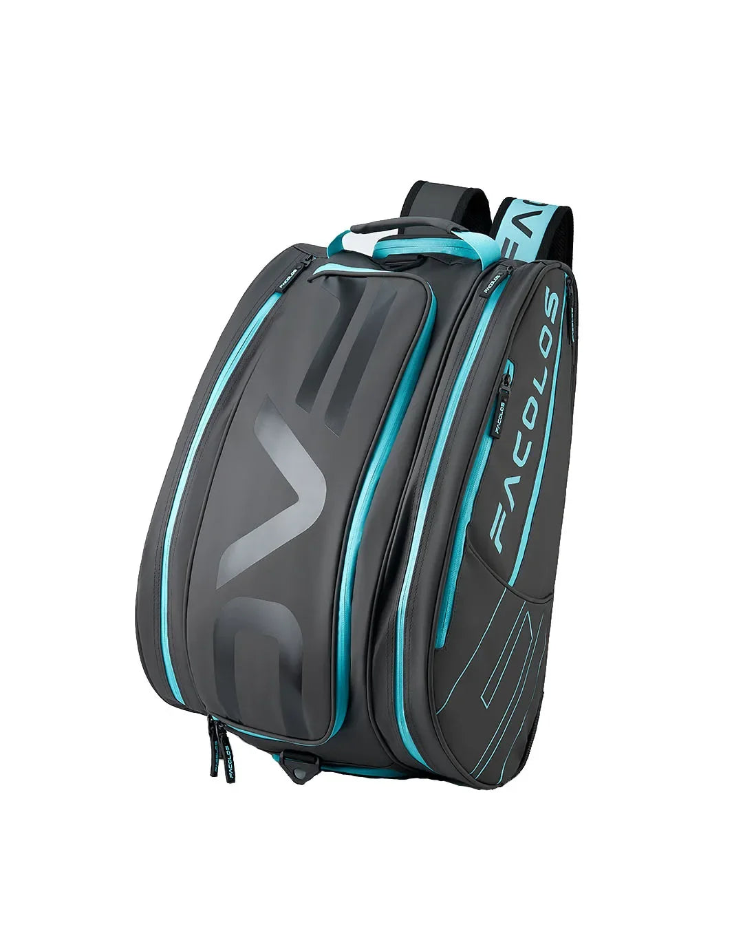 Facolos Australia black and teal sports backpack with multiple compartments on white background