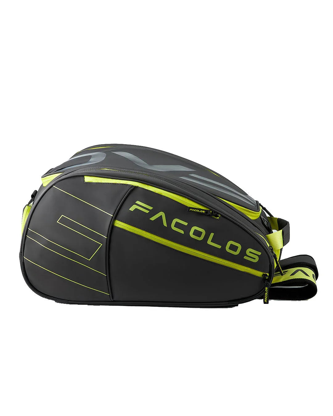 Facolos Australia black and neon green sports bag with logo, side view on white background